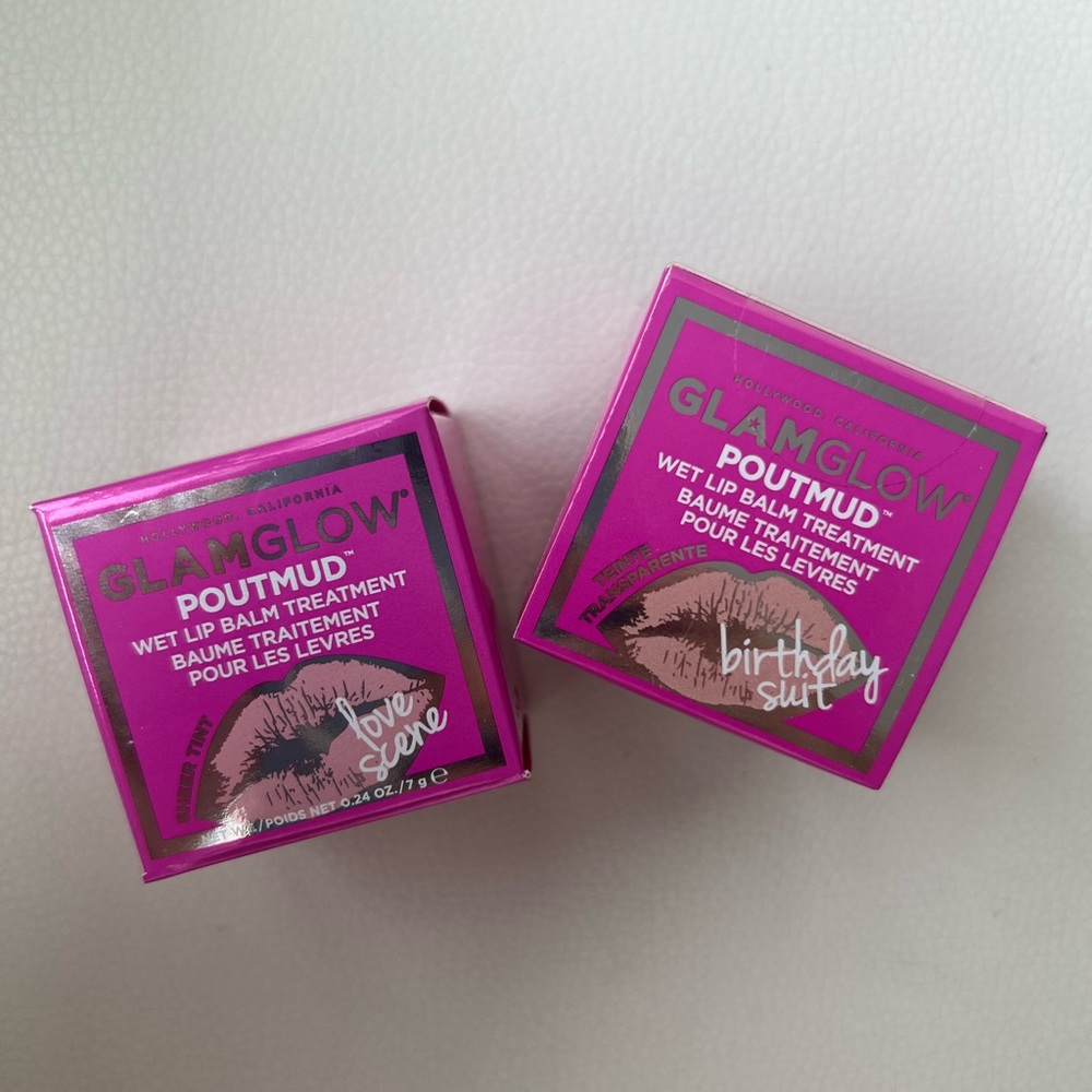 NEW set of 2 Glam Glow Poutmud Wet Lip Balm Treatment in love scene + bday suit.